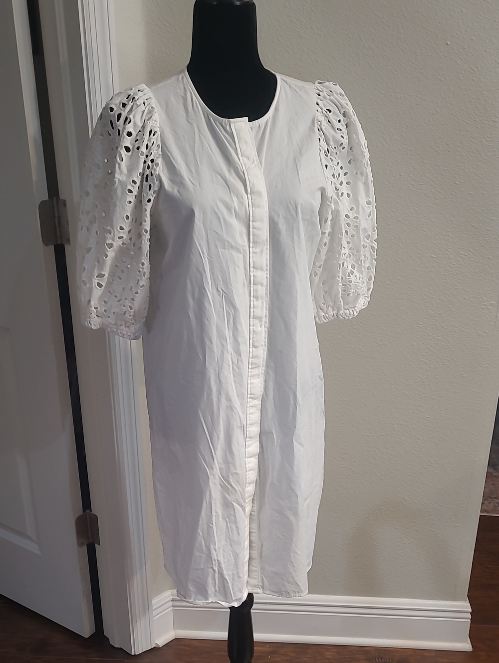 H&M White Eyelet Puff-Sleeve Midi Dress 100% Cotton Cottage Core Size M